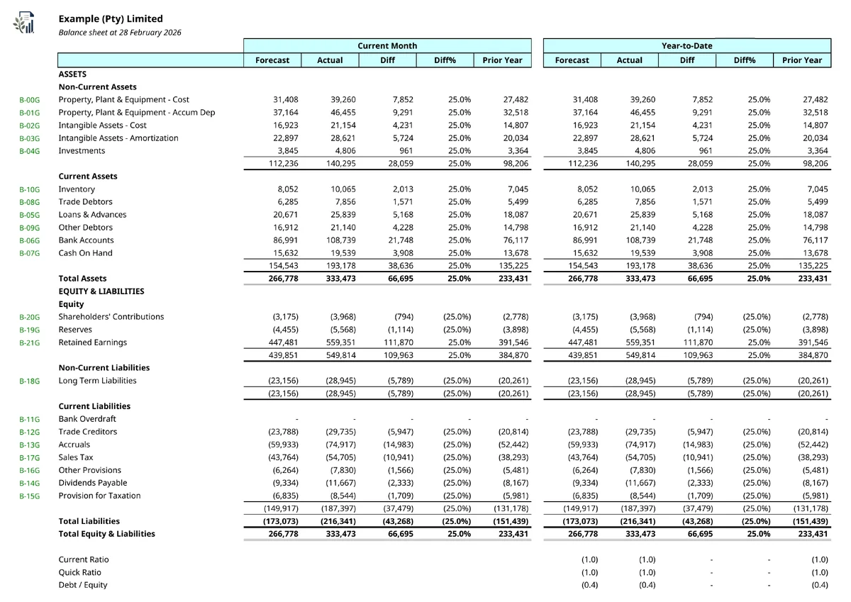 Sample management accounts balance sheet page